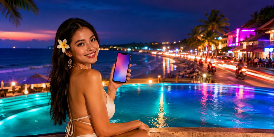 Aplikasi kasino mobile di tepi pantai tropis menampilkan fitur jackpot